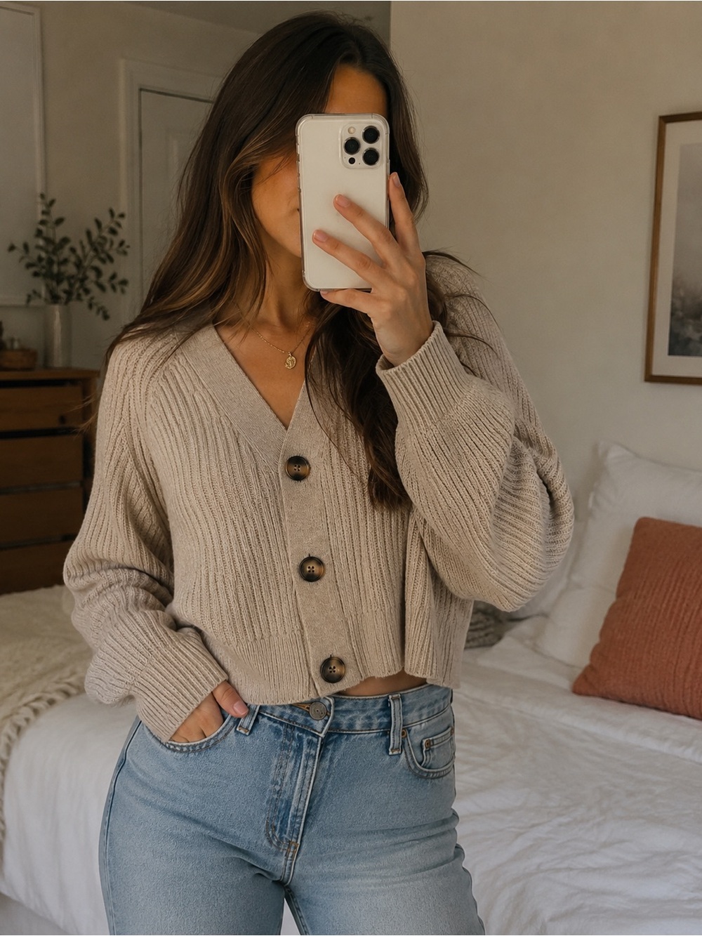 H&M Neutral Beige Ribbed V-Neck Buttoned Cropped Cardigan- Over Sized